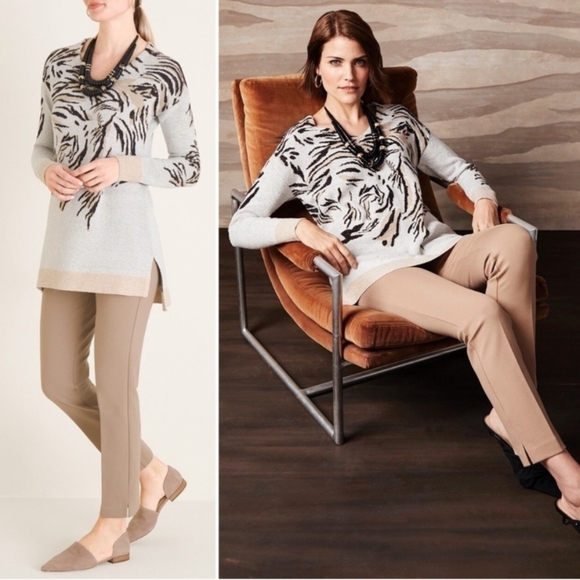 Chico's Tiger Geometric Sweater Cream Tan V Neck Animal Print Boho Womens sz L - Picture 13 of 13